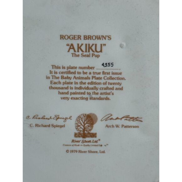 1979 Akiku Seal Pup Plate River Shore Ltd First Issue #4355 Wildlife Art - Picture 11 of 13